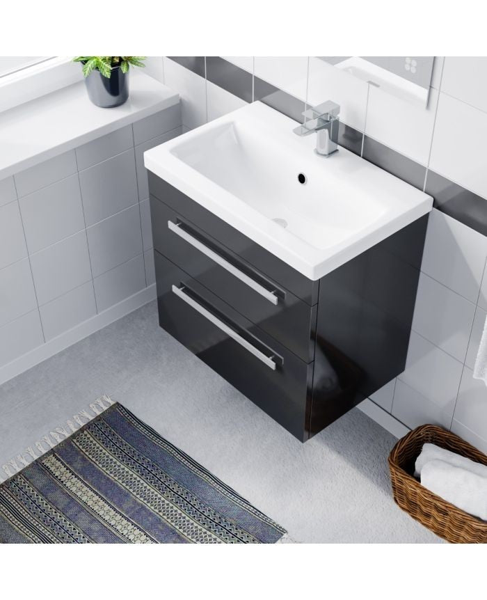 DEVON 600 Wall Hung Twin Drawers Anthracite Ceramic Basin - 610w x 585h x 395d