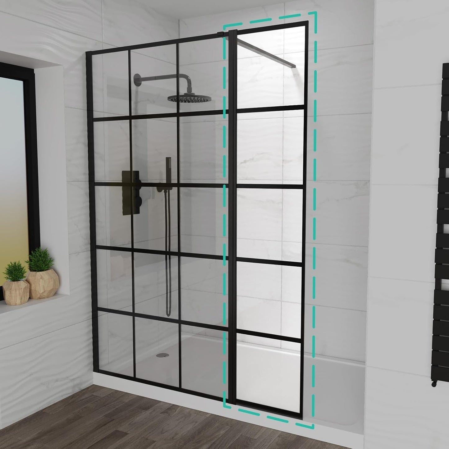 MARINA 8 Wet Room 8mm Return Panel Black Grid 300 x 1900mm