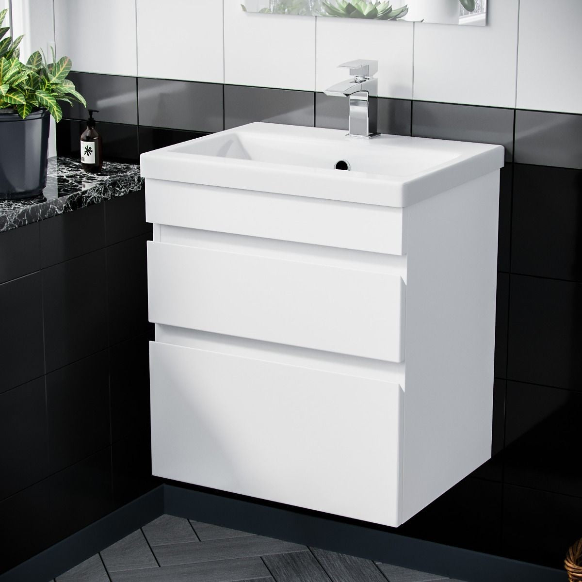 PVC Vanity 600 Wall Hung Twin Drawers White Ceramic Basin - 610w x 585h x 395d