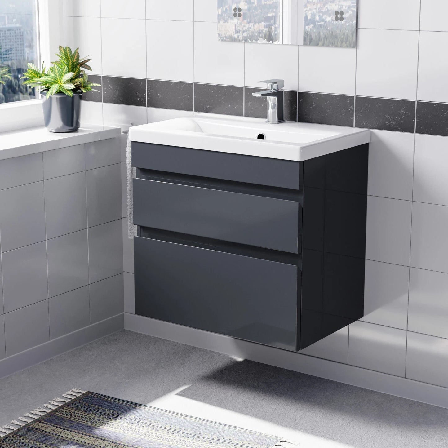 HARROW 600 Wall Hung Twin Drawer Anthracite Ceramic Basin 605w x 585h x 395d