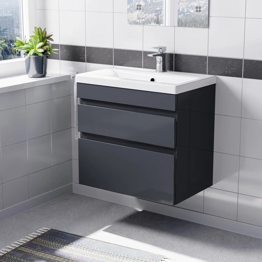 HARROW 500 Wall Hung Twin Drawers Anthracite • Ceramic Basin 510w x 585h x 395d