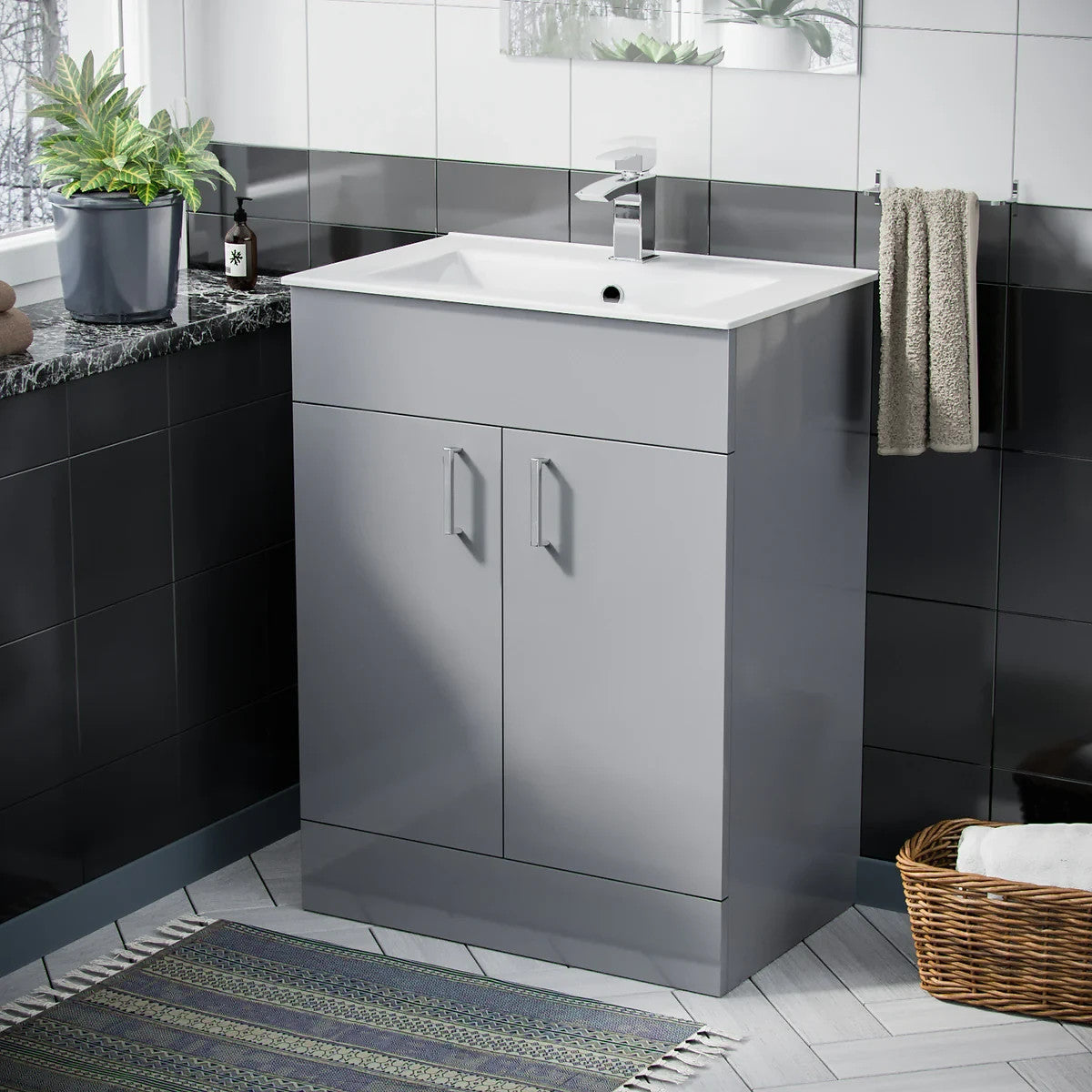DEVON 600 Floorstanding Doors Matt Grey Ceramic Basin - 610w x 835h x 395d