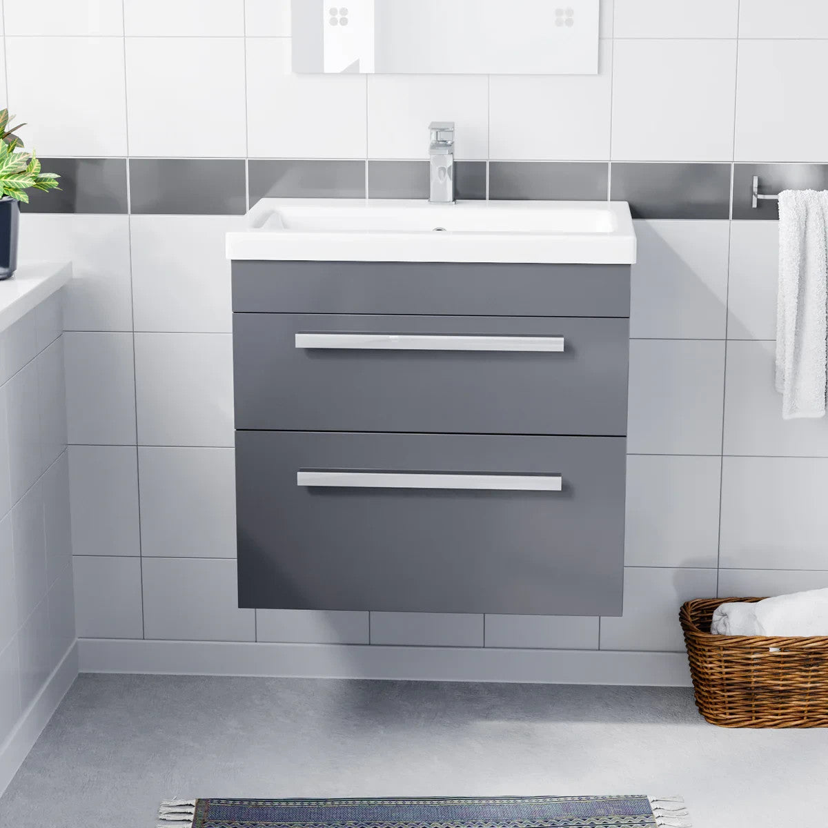 DEVON 600 Wall Hung Twin Drawers Matt Grey Ceramic Basin - 610w x 585h x 395d
