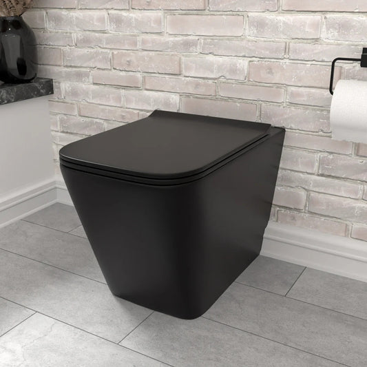 Raven Rimless Square Back to Wall Toilet w/Soft Close Seat matt Black 345w x400h x 560d