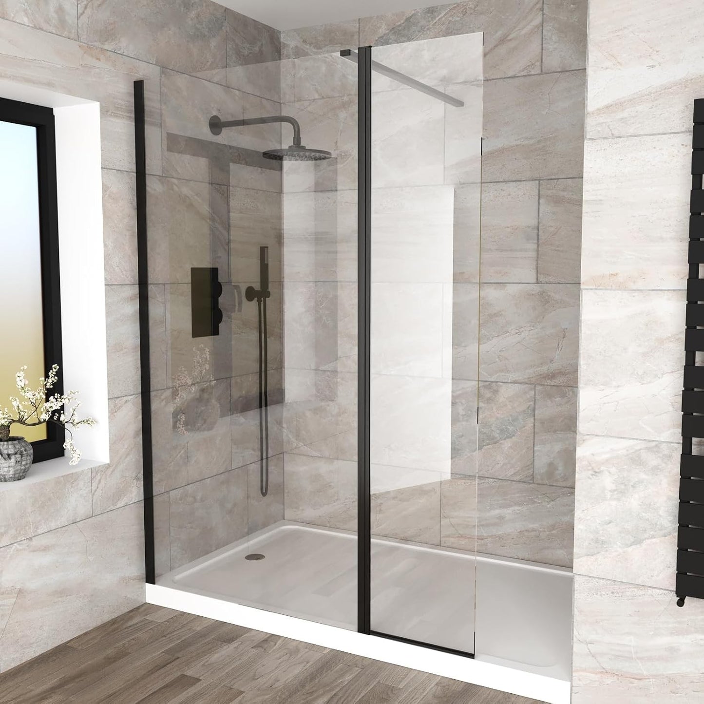 MARINA 8 Wet Room 8mm Clear Glass Swivel Return Panel Matt Black - 300 x 1900mm
