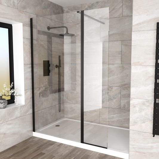 MARINA 8 Wet Room 8mm Clear Glass Swivel Return Panel Matt Black - 300 x 1900mm