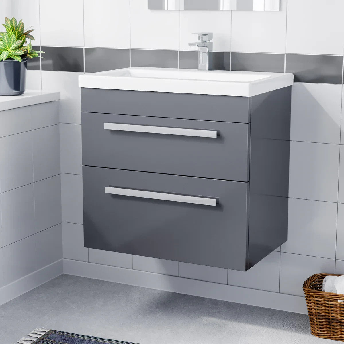 DEVON 600 Wall Hung Twin Drawers Matt Grey Ceramic Basin - 610w x 585h x 395d