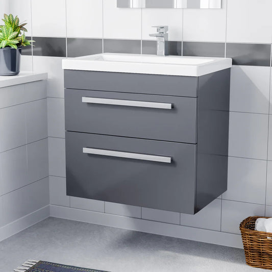DEVON 600 Wall Hung Twin Drawers Matt Grey Ceramic Basin - 610w x 585h x 395d
