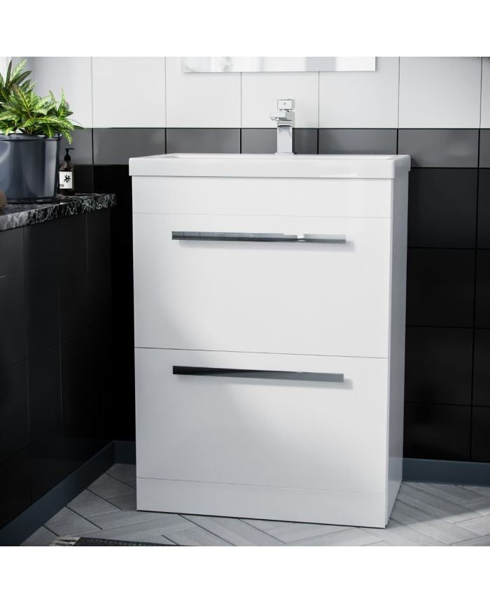 DEVON 600 Floorstanding White Drawers Ceramic Basin - 610w x 790h x 395d