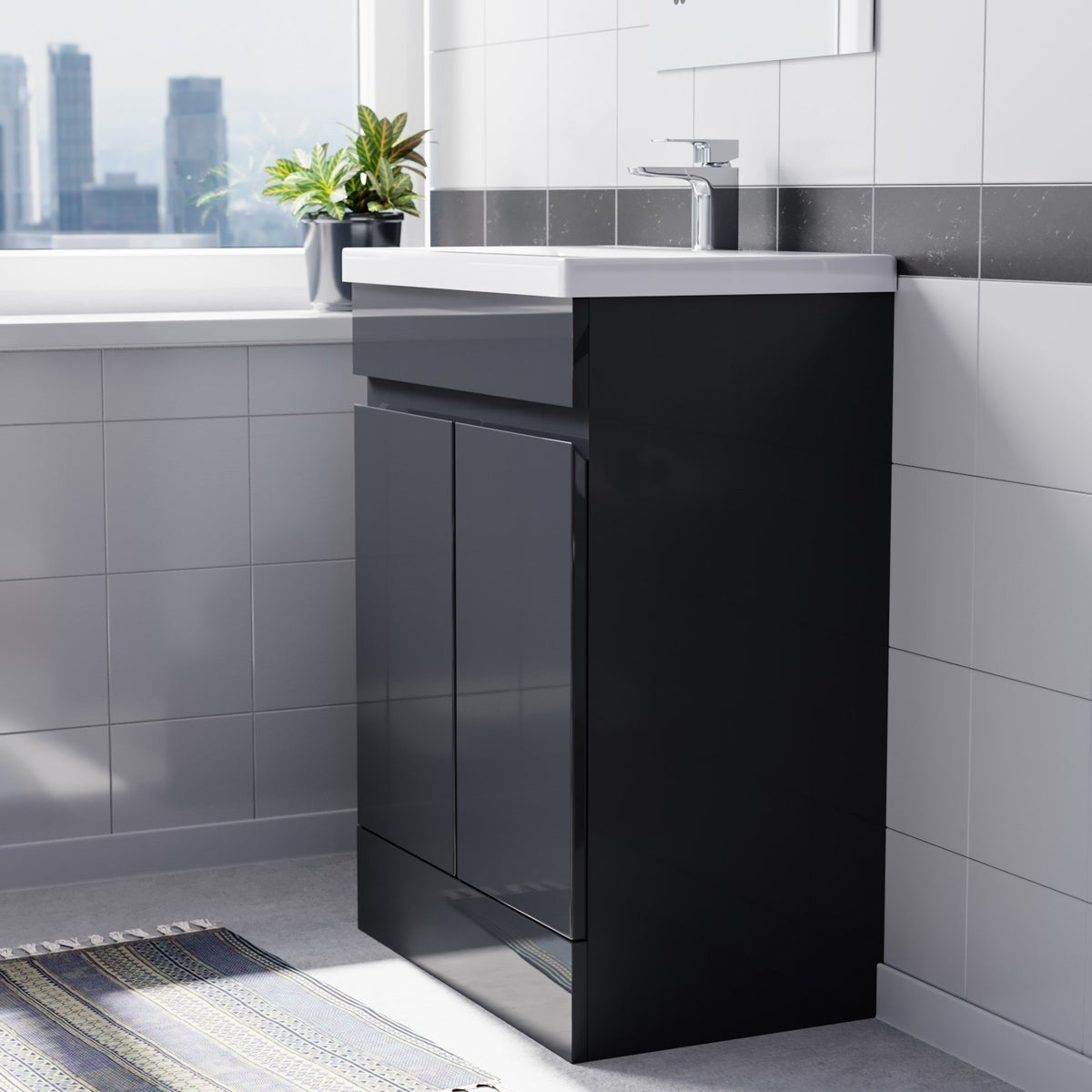 HARROW 600 Floorstanding Doors Anthracite Ceramic Basin - 605w x 815h x 395d