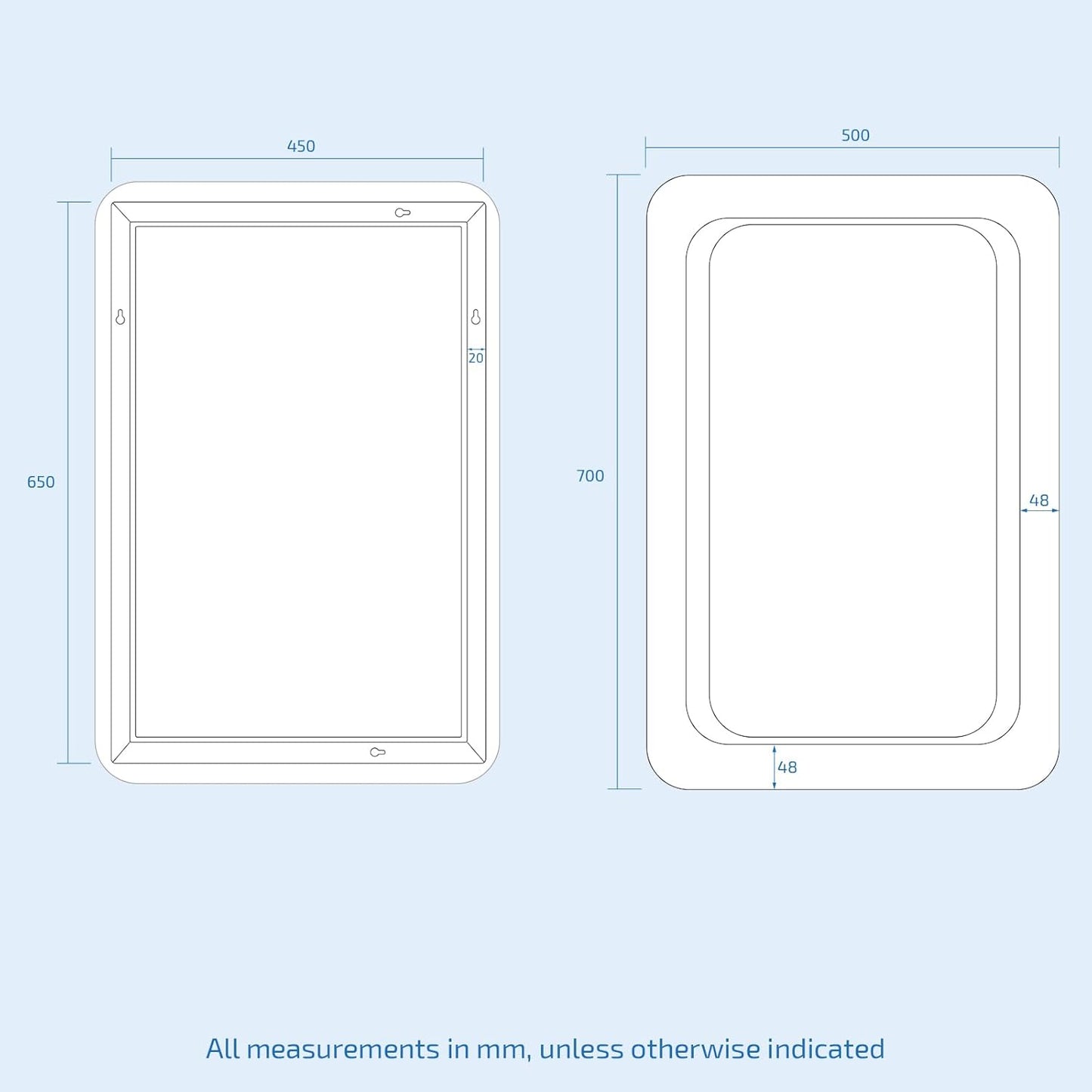 LED Round Corner Bathroom Mirror 500x700mm with Demister & 6000K Lighting