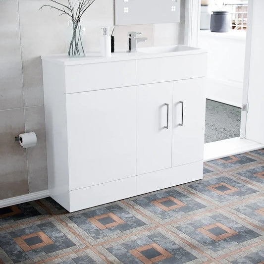 SLIM 1000 Floorstanding White Cabinet Resin Basin - 1000w x 865h x 305d