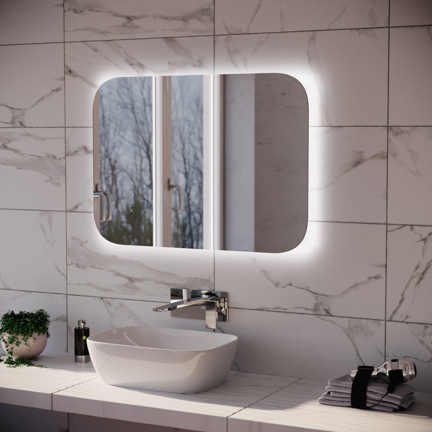 LED Round Corner Mirror 800x600mm with Demister & Shaver Socket Included
