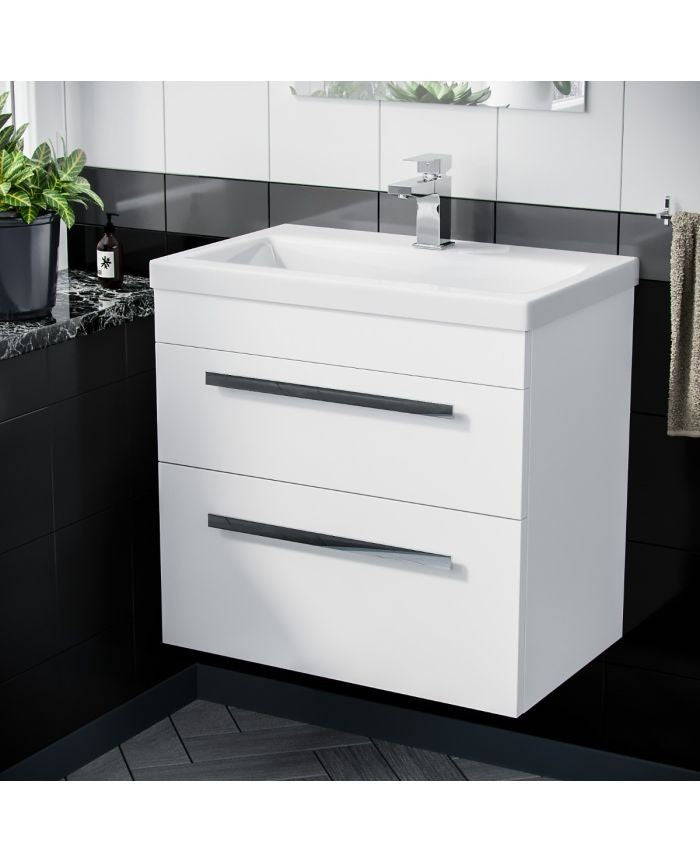 DEVON 600 Wall Hung Twin Drawers White Ceramic Basin - 610w x 585h x 395d