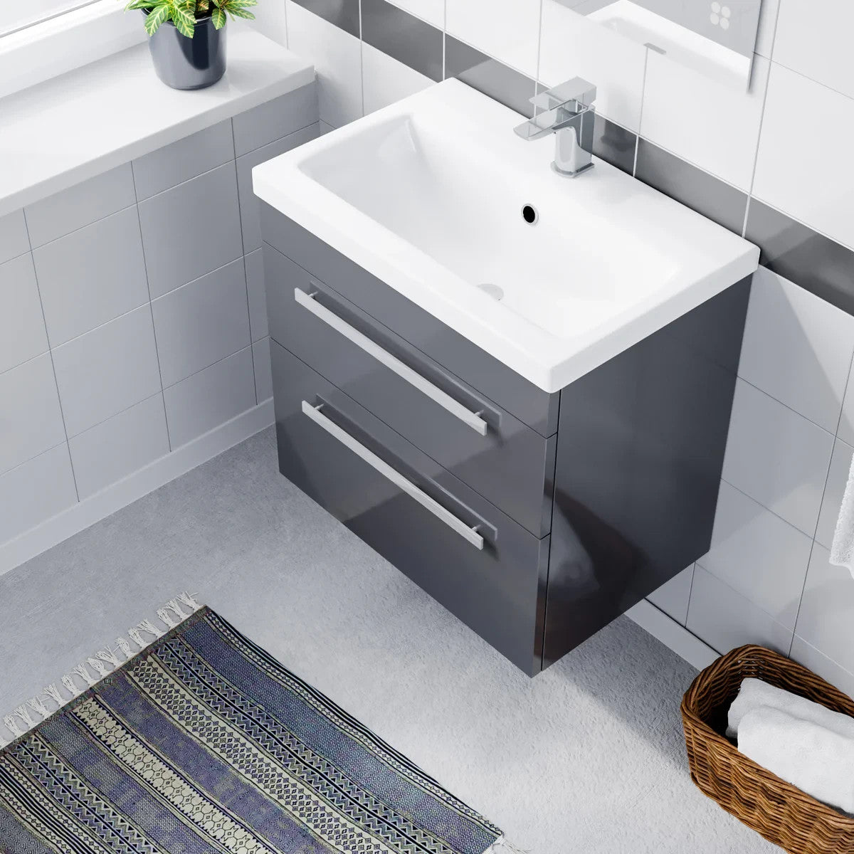 DEVON 600 Wall Hung Twin Drawers Matt Grey Ceramic Basin - 610w x 585h x 395d