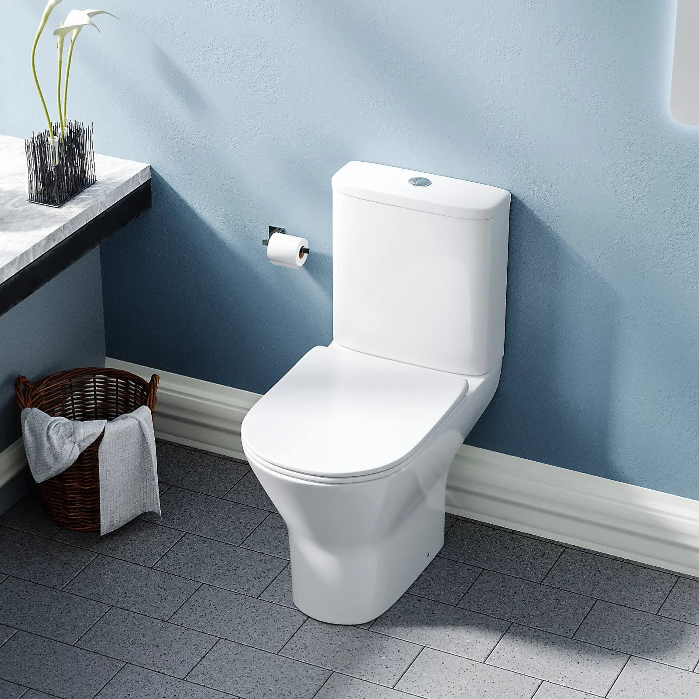 Esen Rimless Comfort Height Close Coupled Toilet & Soft Close Seat - White 385w x 400h x 625d