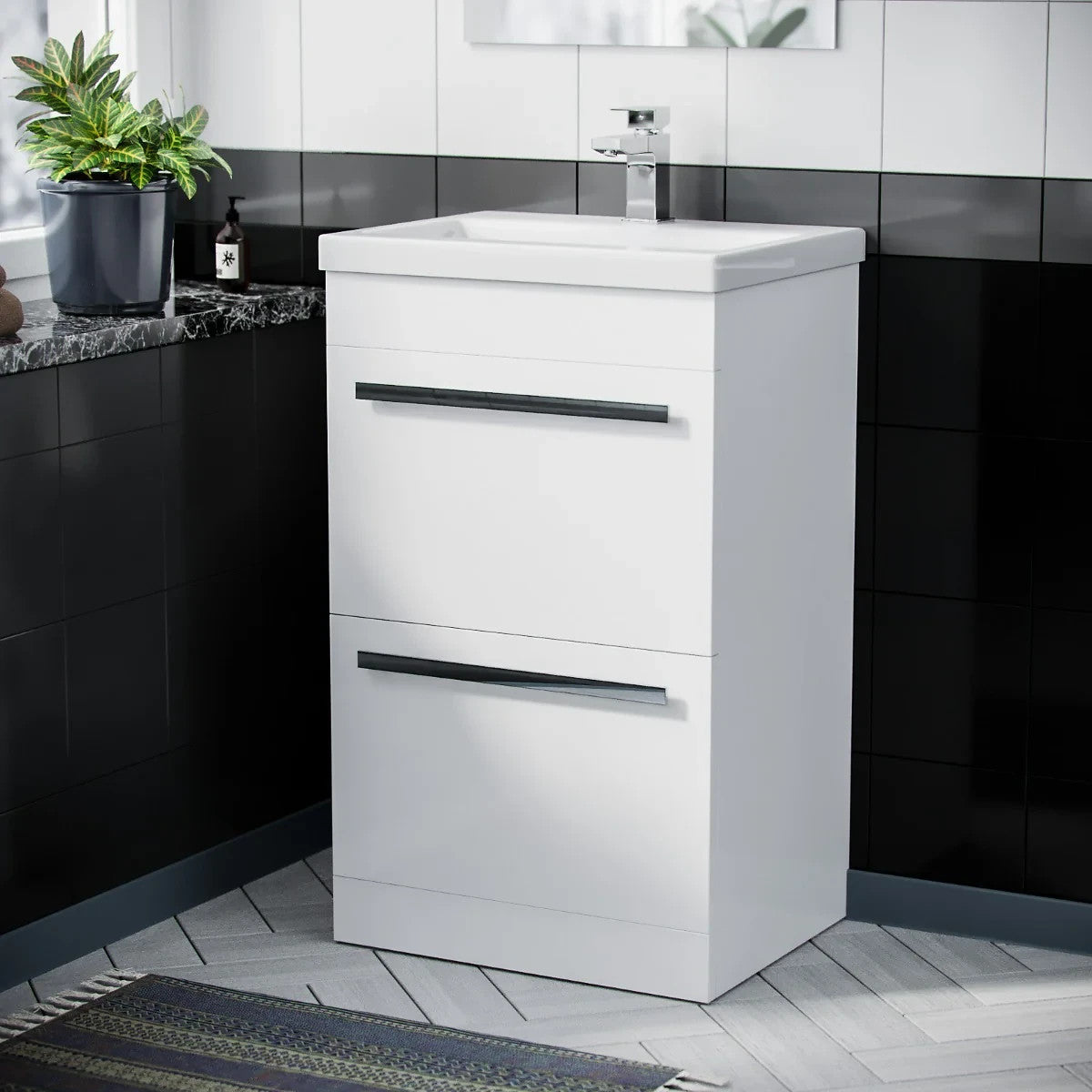 DEVON 500 Floorstanding Twin Drawers White Anthracite Basin - 510w x 830h x 395d