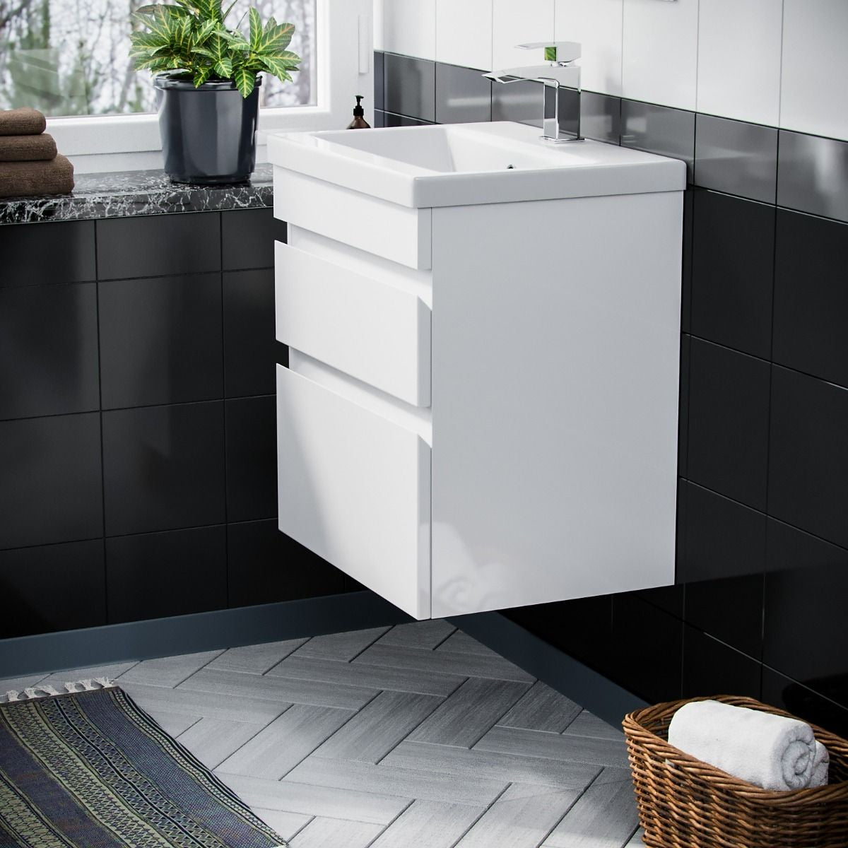 HARROW 500 Wall Hung Twin Drawers White Ceramic Basin - 510w x 585h x 395d