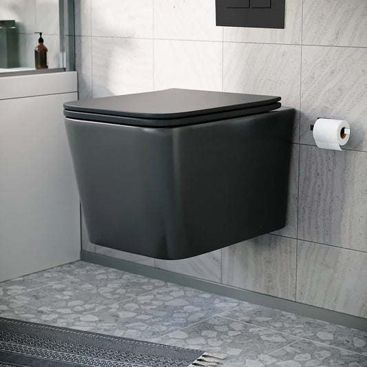 Raven Rimless Square Wall Hung Toilet w/Soft Close Seat Black 340w x 315h x 510d