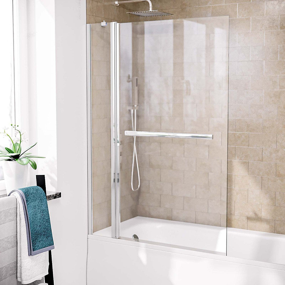 Square Edge Bath Screen with Double Panel & Towel Bar • 6mm Thick - 1000 x1400mm