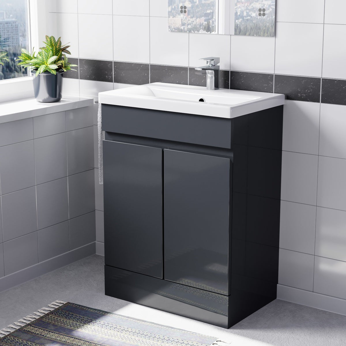 HARROW 600 Floorstanding Doors Anthracite Ceramic Basin - 605w x 815h x 395d