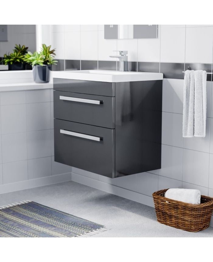 DEVON 600 Wall Hung Twin Drawers Anthracite Ceramic Basin - 610w x 585h x 395d