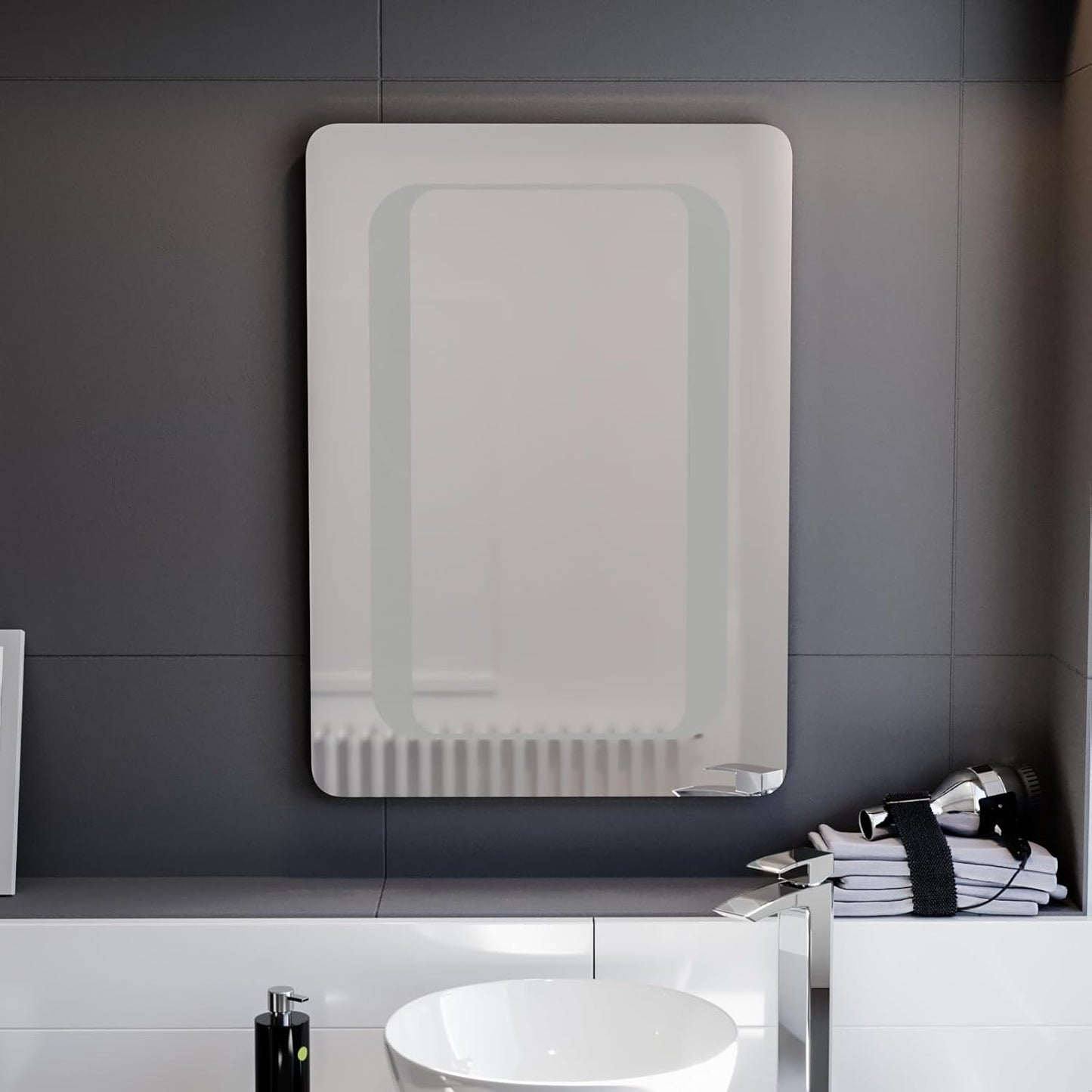 LED Round Corner Bathroom Mirror 500x700mm with Demister & 6000K Lighting