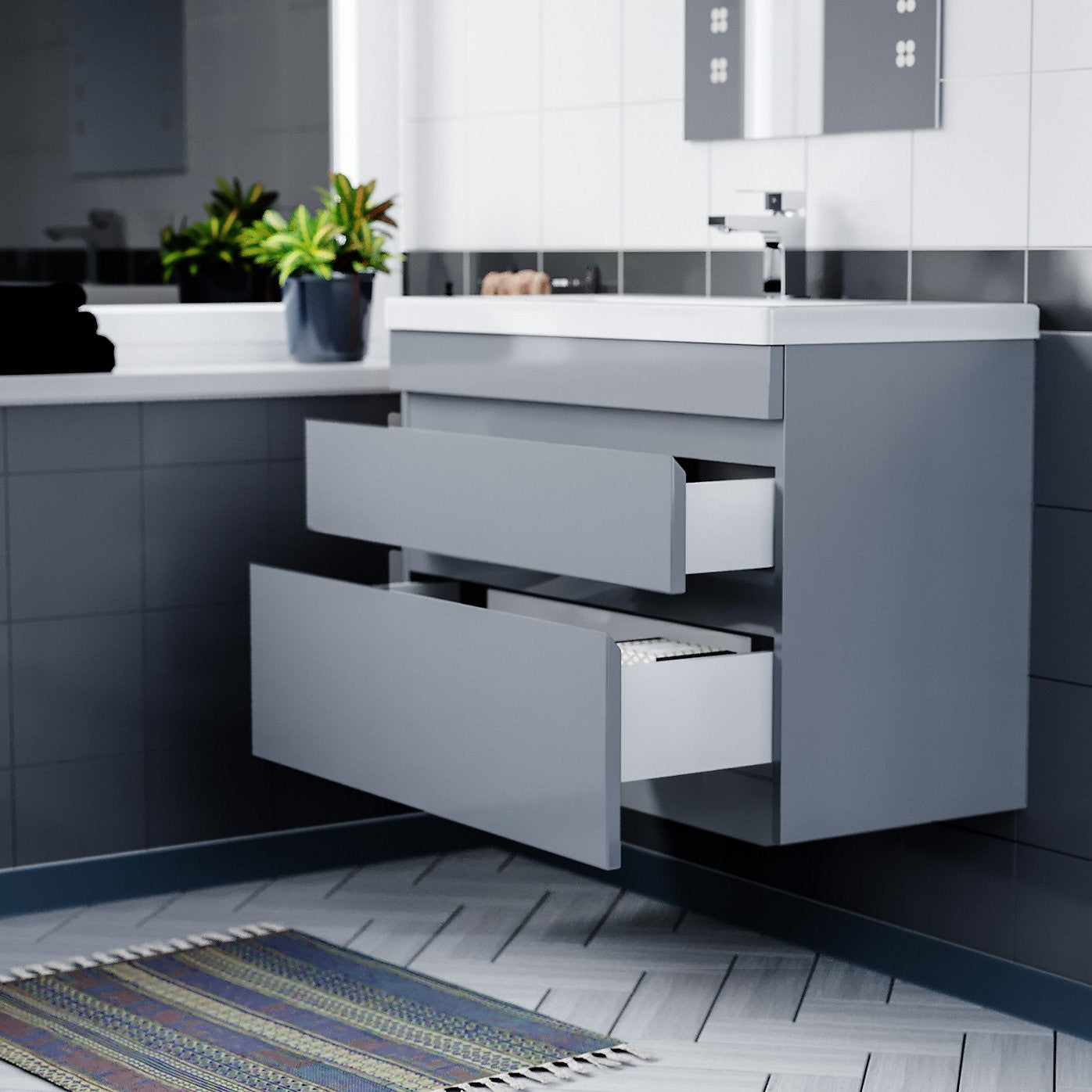 HARROW 800 Wall Hung Twin Drawer Matt Grey Ceramic Basin - 800w x 585h x 395d
