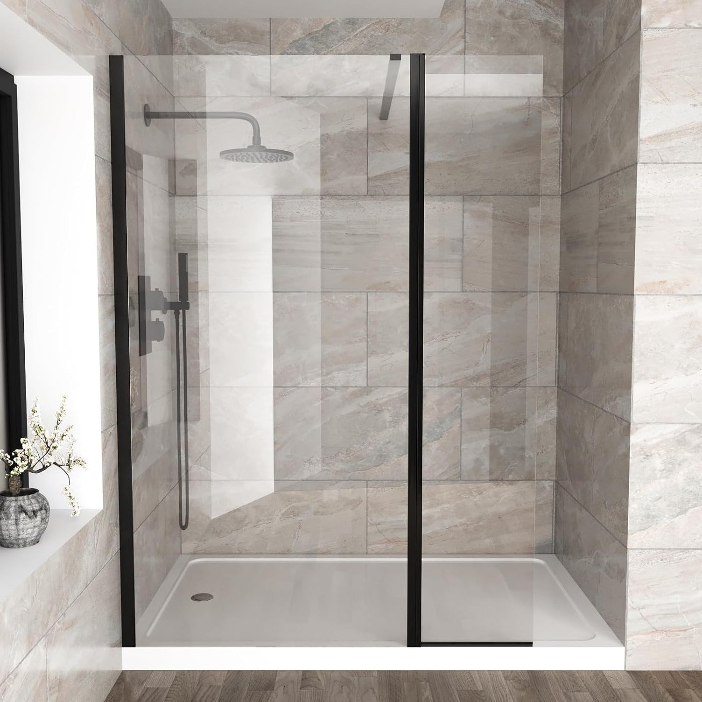 MARINA 8 Wet Room 8mm Clear Glass Swivel Return Panel Matt Black - 300 x 1900mm