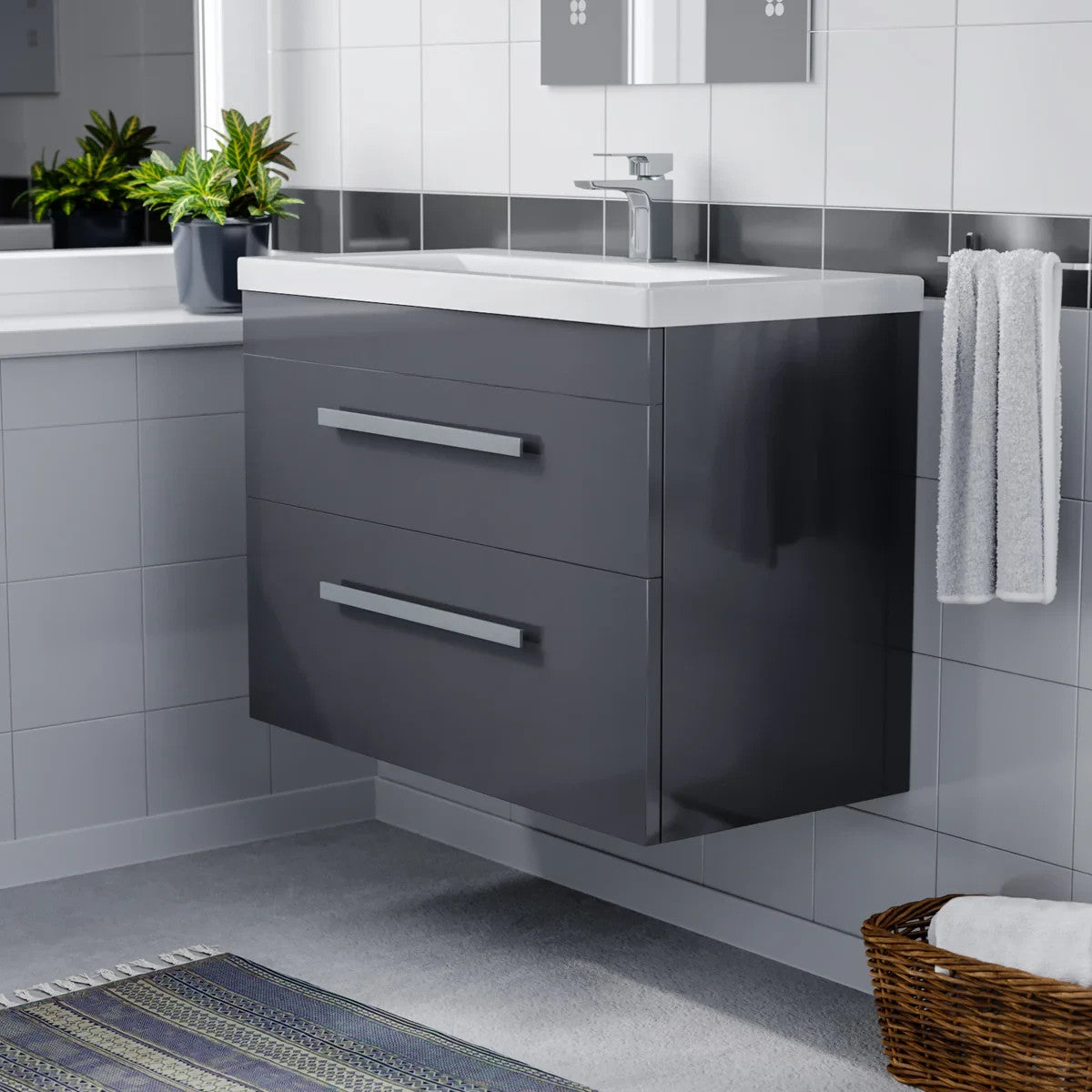 DEVON 800 Wall Hung Twin Drawers Matt Grey Ceramic Basin - 810w x 585h x 395d
