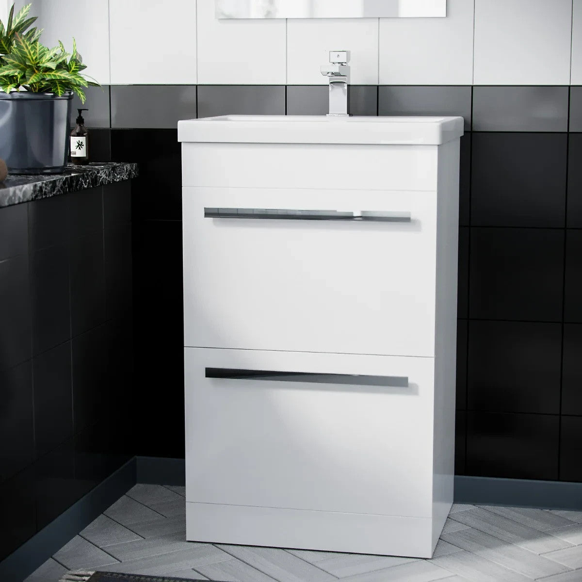 DEVON 500 Floorstanding Twin Drawers White Anthracite Basin - 510w x 830h x 395d