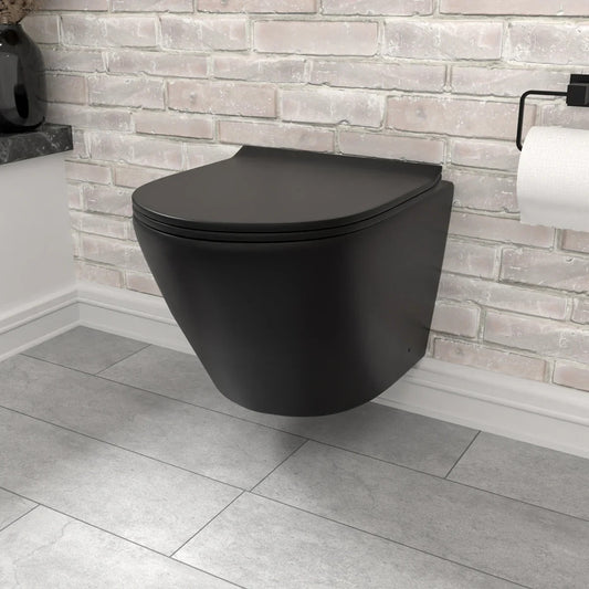 Raven Rimless Wall Hung Toilet with Soft Close Seat Matt Black 365w x 350h x 520d