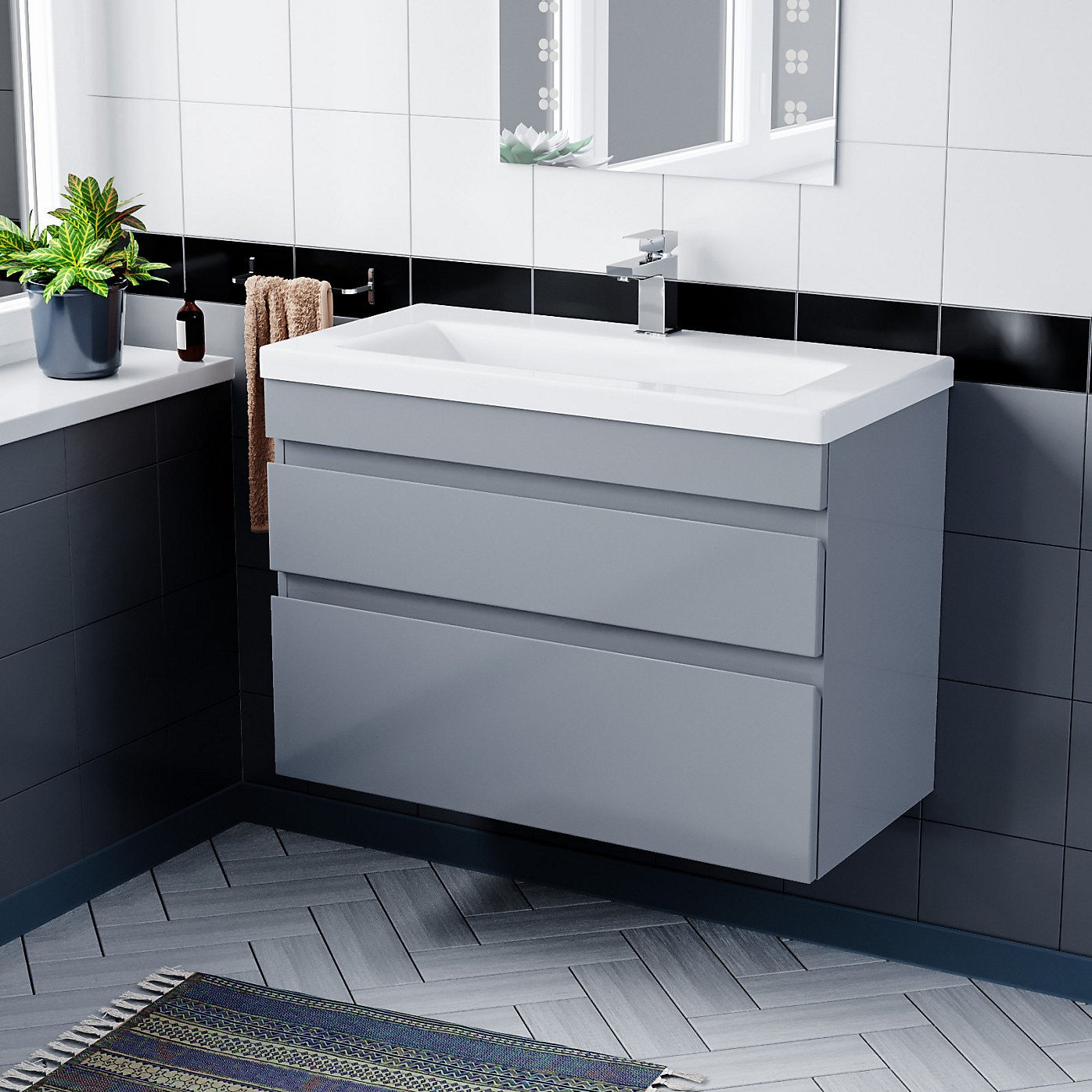 HARROW 800 Wall Hung Twin Drawer Matt Grey Ceramic Basin - 800w x 585h x 395d