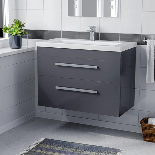 DEVON 800 Wall Hung Twin Drawers Matt Grey Ceramic Basin - 810w x 585h x 395d