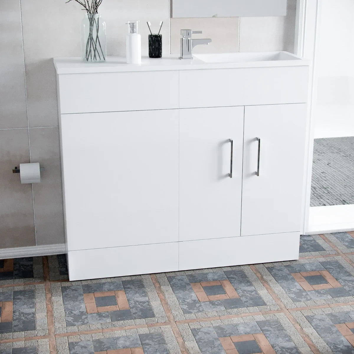 SLIM 1000 Floorstanding White Cabinet Resin Basin - 1000w x 865h x 305d