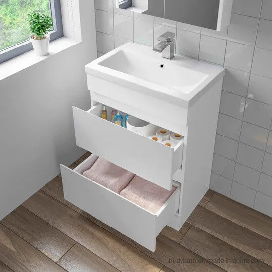 PVC Vanity 600 Floorstanding Twin Drawers • Waterproof Vanity • Ceramic Basin 610w x 840h x 395d