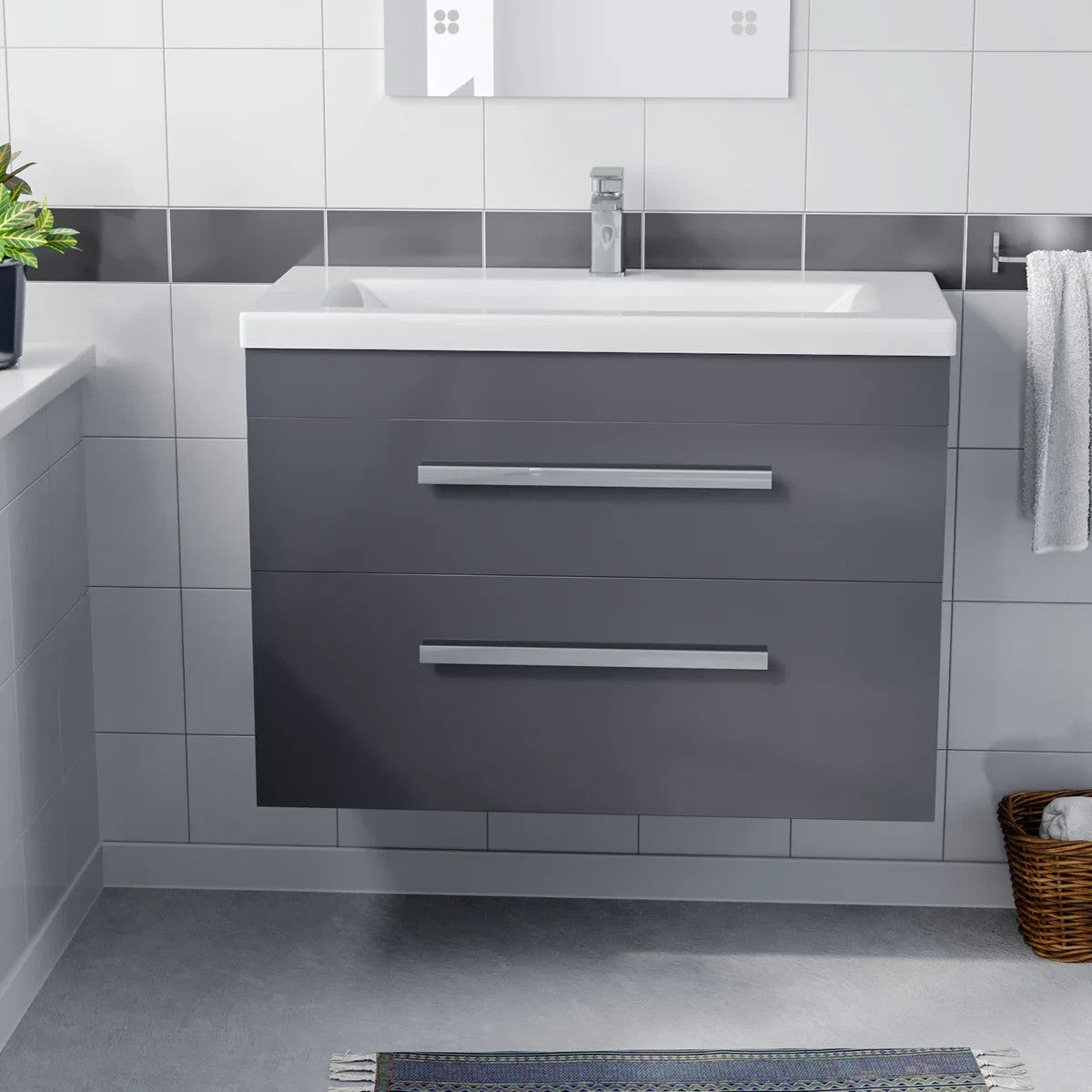 DEVON 800 Wall Hung Twin Drawers Matt Grey Ceramic Basin - 810w x 585h x 395d