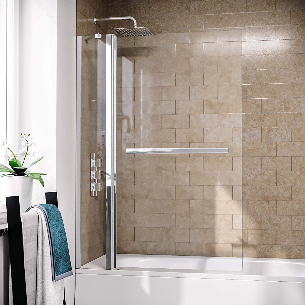 Square Edge Bath Screen with Double Panel & Towel Bar • 6mm Thick - 1000 x1400mm