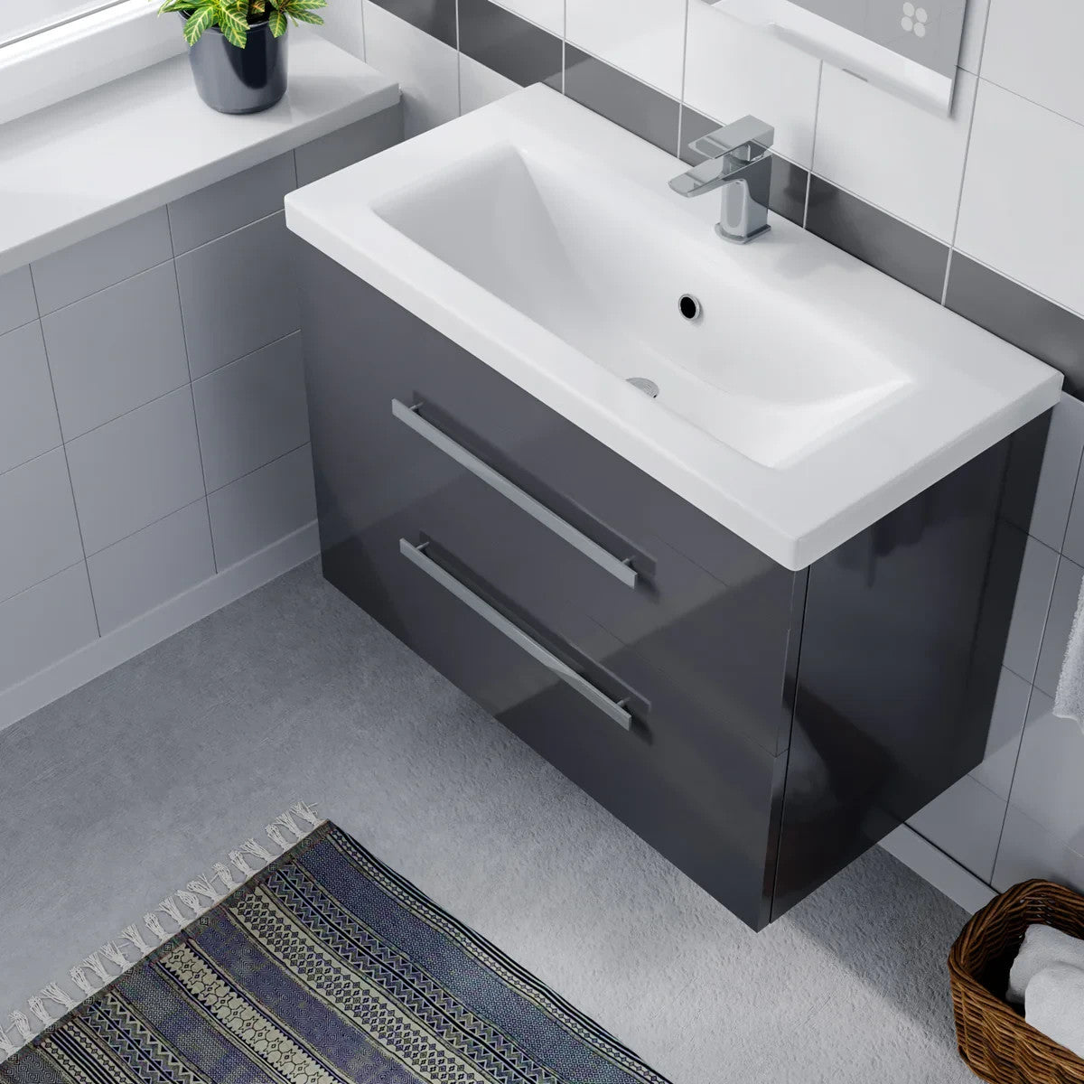DEVON 800 Wall Hung Twin Drawers Matt Grey Ceramic Basin - 810w x 585h x 395d
