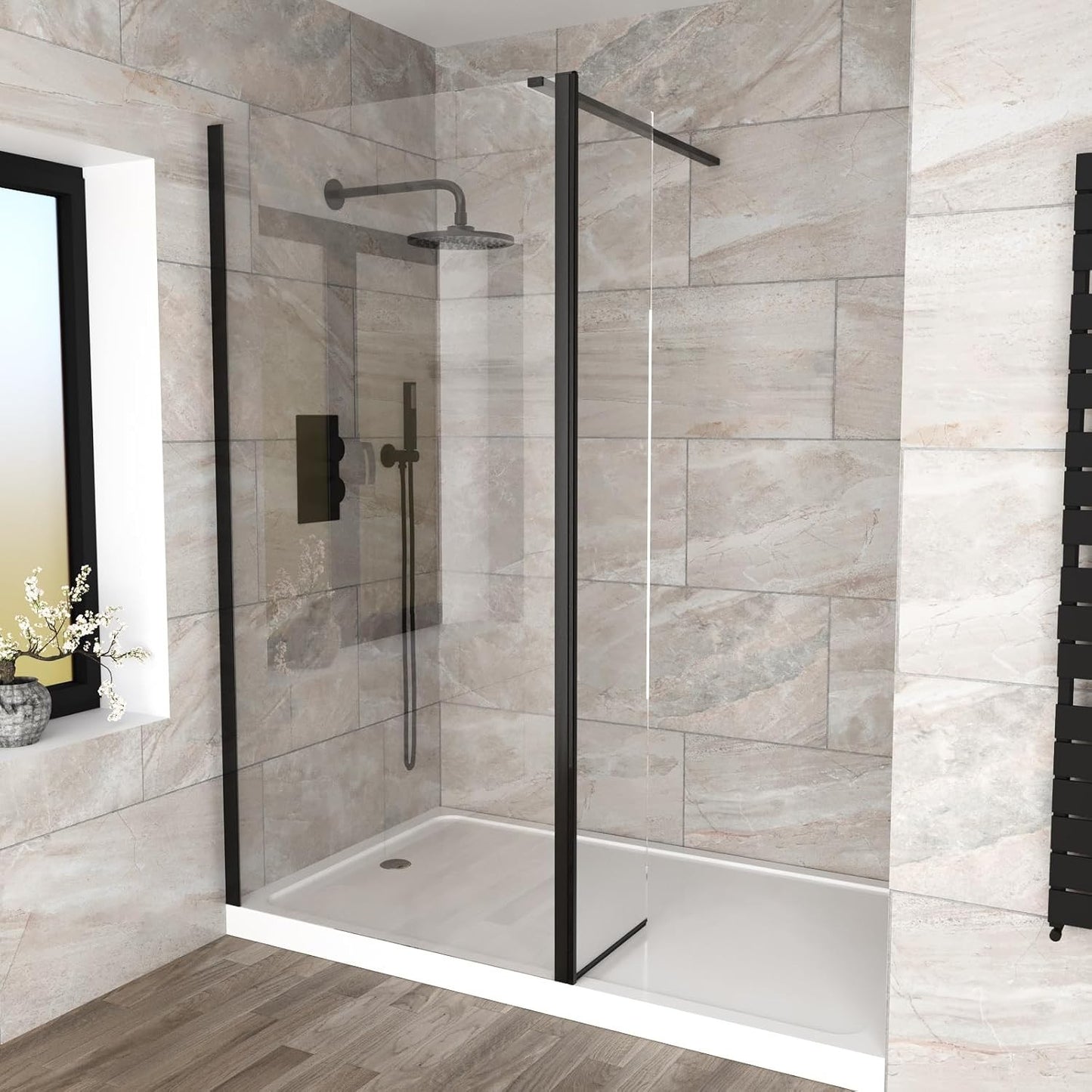 MARINA 8 Wet Room 8mm Clear Glass Swivel Return Panel Matt Black - 300 x 1900mm