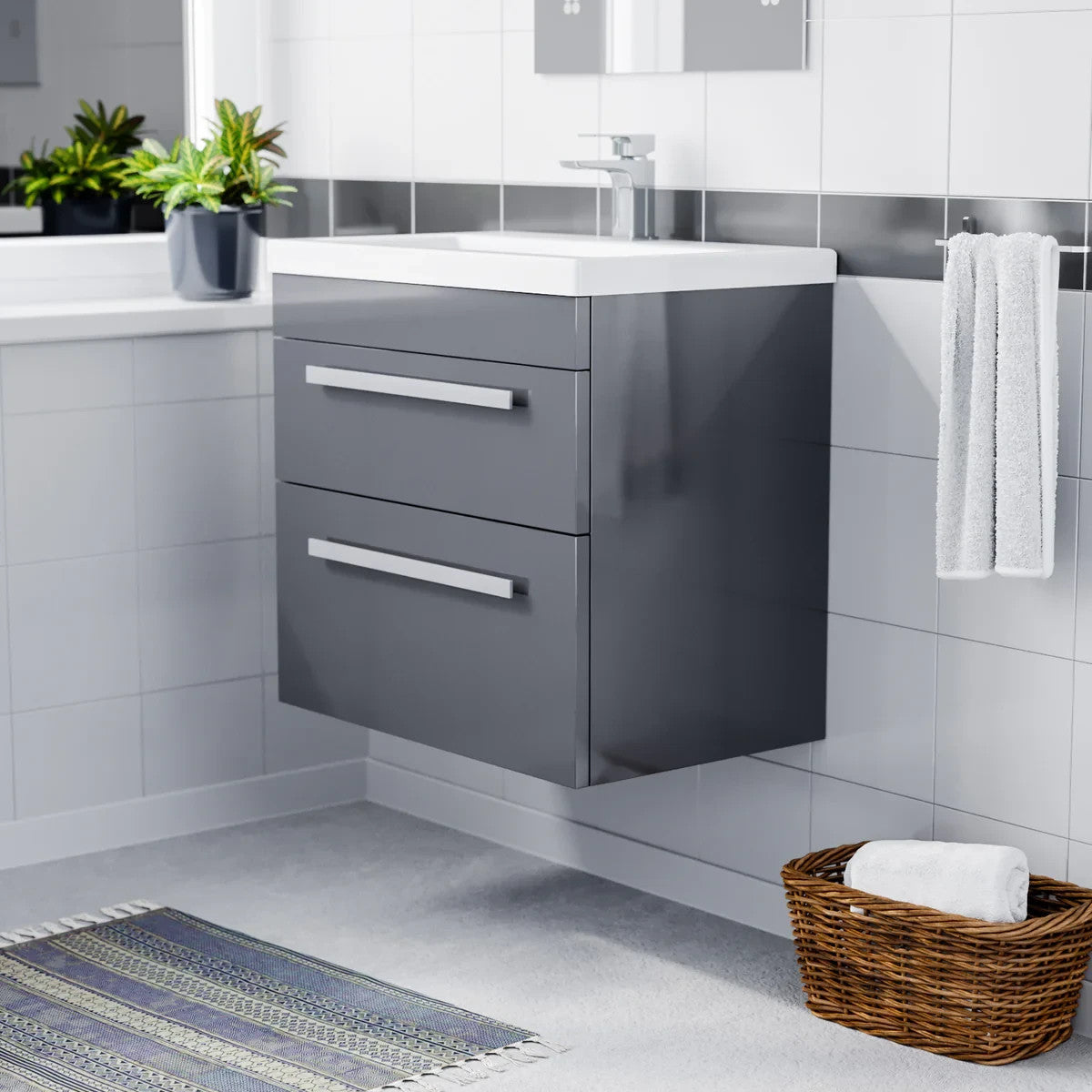DEVON 600 Wall Hung Twin Drawers Matt Grey Ceramic Basin - 610w x 585h x 395d