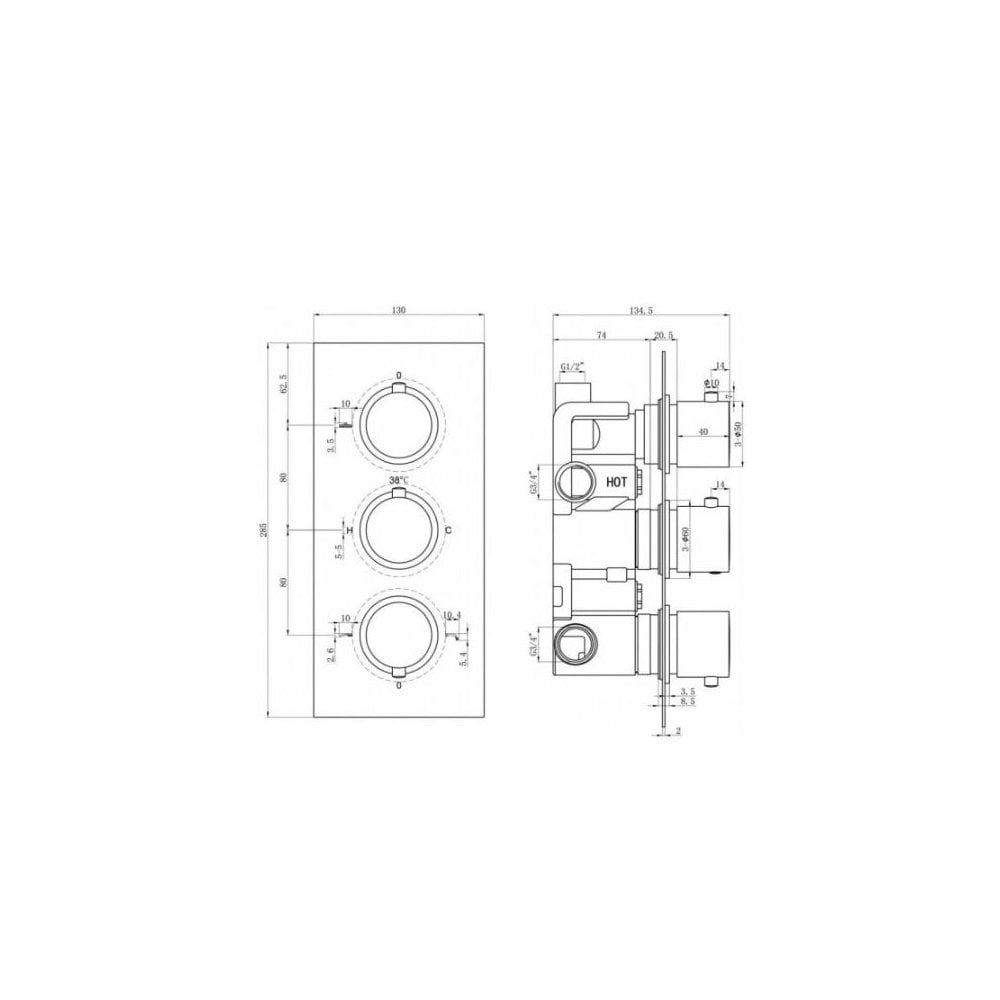 Round Triple Outlet, 3 Handle Thermostatic Concealed Shower Valve