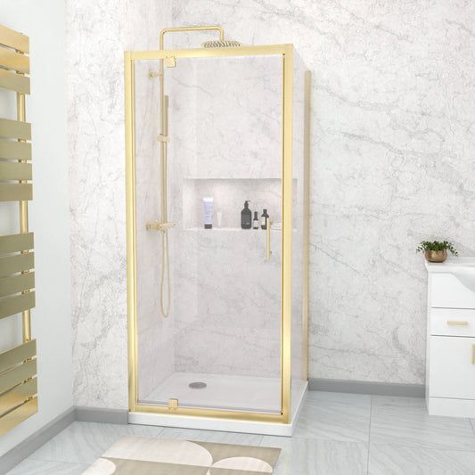 MARINA 8 Wet Room 8mm Clear Glass Shower Enclosure with Brushed Brass Frame