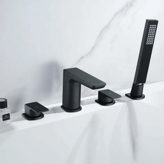 Prestige 4-Hole Deck Mounted Bath Shower Mixer – Matt Black Tap Set with Handheld Shower