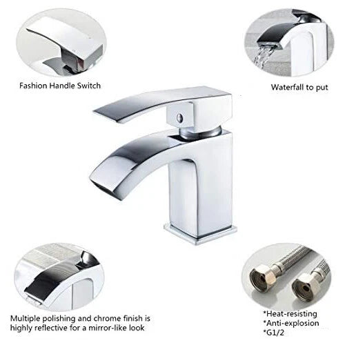 Basin Taps Waterfall with Pop up Waste Square Bathroom Sink Mixer Taps Chrome UK